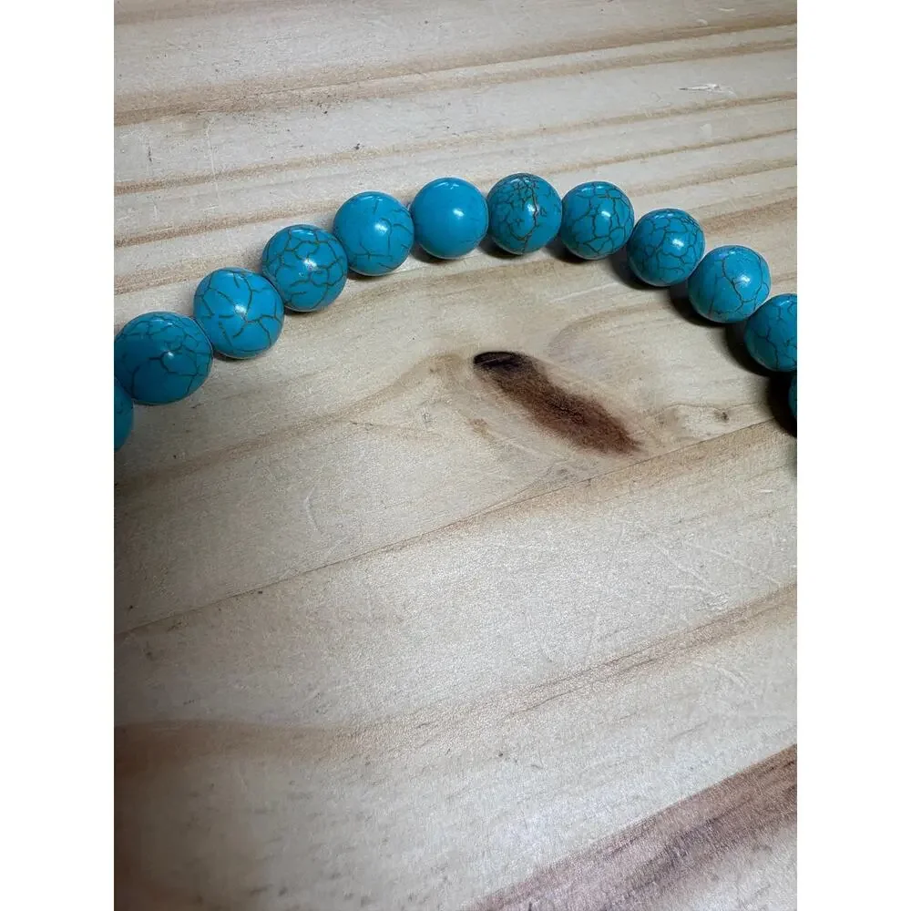 Turquoise Blue Howlite Beaded Necklace Round Stone Beads Boho Southwestern
